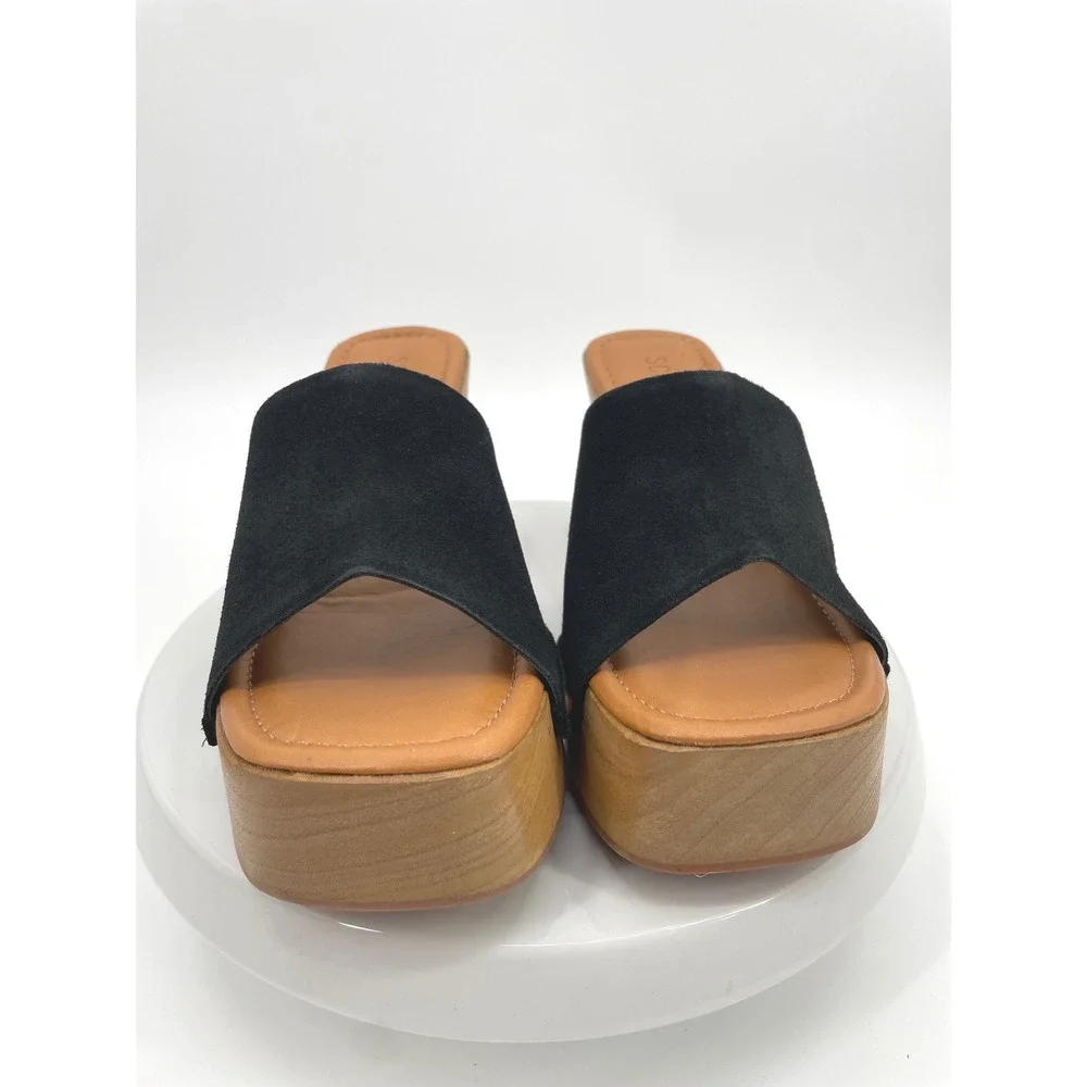 Schutz Lanneh Wedge Sandals Womens 9B Black Suede Wood Platform Slide Mules Boho